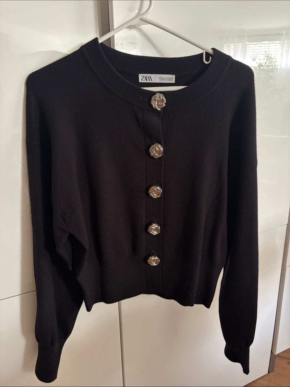 Zara Black Crewneck Cardigan with Silver-Tone Knot Buttons